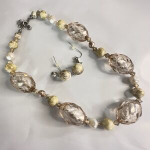 Lucite beaded Necklace & Earring Set Rose Tone Clear Faceted Beads 16" - 18"